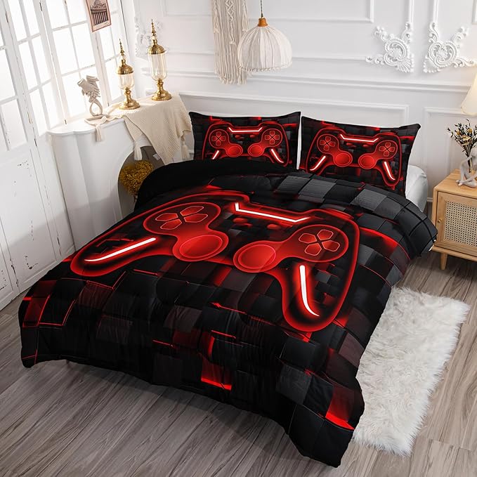 Axolotl Gamepad Comforter Set King Size,Red Grid Print Bedding,Boys Gaming Console Comforter,Video Gaming Controller Bedding for Teens Men Adults,Cool Gamer Bed Set 1 Quilt 2 Pillowcases,Red Black