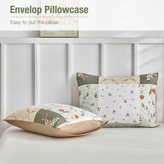 Lekesky King Size Duvet Cover Set, Patchwork Floral 3 Pieces Reversible Green Duvet Cover Set, Ultra-Soft Microfiber 3 Pieces Comforter Cover with Zipper and Corner Ties, Includes 2 Pillowcases