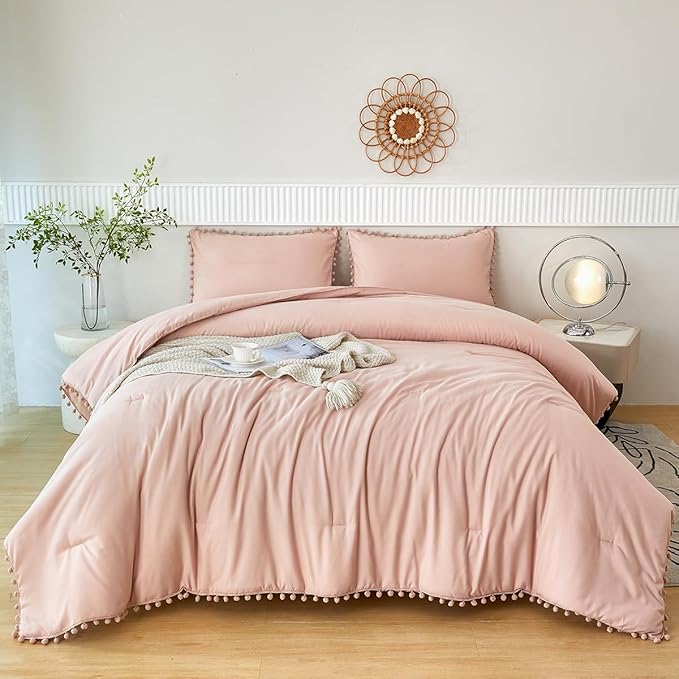 PERFEMET 5 Pieces Blush Pom Pom Comforter Queen Size Aesthetic Boho Bed in A Bag with Pompoms Lightweight Pink Plain Bed Sets with Sheets for Girls Women Adults(Blush, Queen)