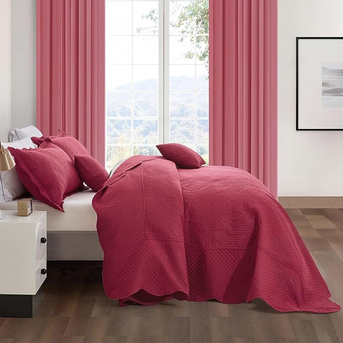 HZ & HY Oversized King Bedspread, Ultrasonic Coverlet Bedding Set, Lightweight Thin Comforter, Reversible, 5 Piece, 100% Microfiber, Wine Red