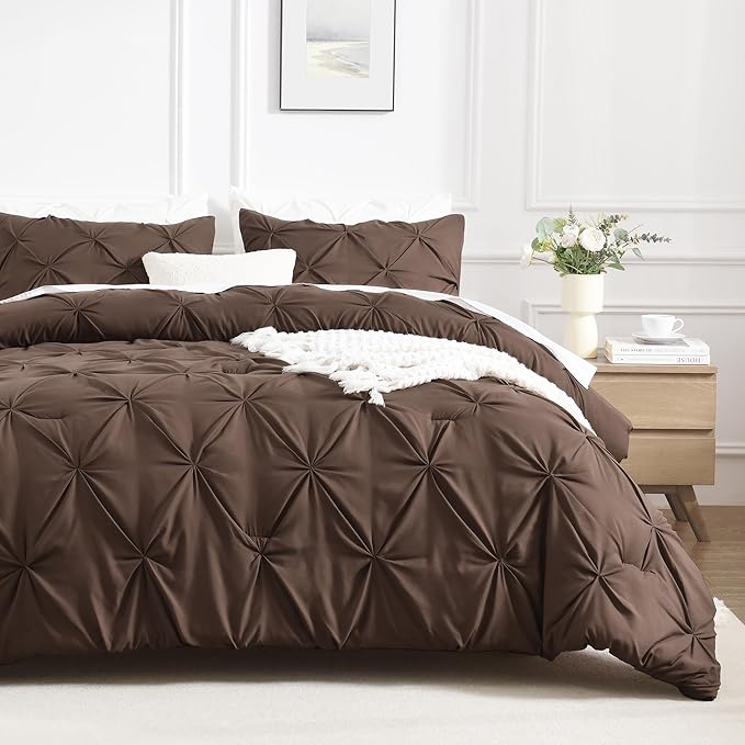 Andency California King Comforter Set Brown (104x96Inch), Pinch Pleat Cal King Comforter Set 3 Pieces, Oversized King Pintuck Bed Comforter, Microfiber Down Alternative Comforter Bedding Set