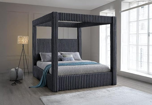 First of a Kind Serenity Edge Corduroy Canopy Bed - Modern Queen Bed with Plush Ribbed Fabric, Clean Lines, & Bold Texture - Canopy Bed Queen for Unwinding in Style & Comfort, Gray
