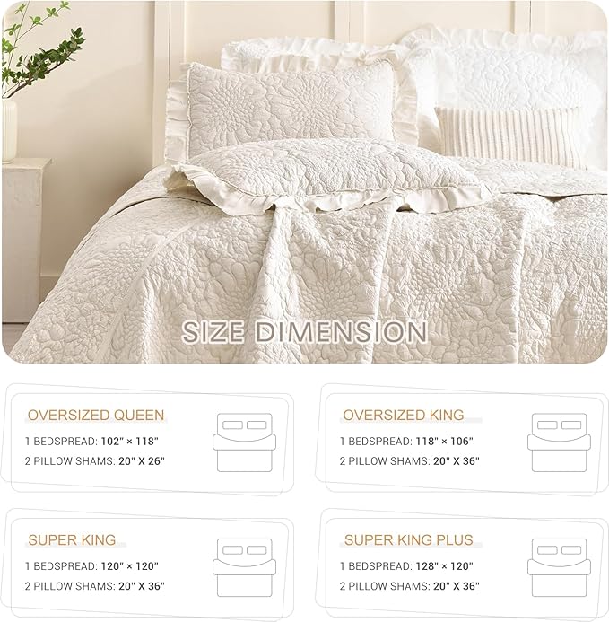 Lady Ann Wheat Oversized King Quilt 120x120, 3 Pcs Stone-Washed Crinkled Oversized Bedspread Set Ruffled Coverlet, Extra Large Quilted Blanket Farmhouse Rustic Shabby Bedding Sets Chic for All Season