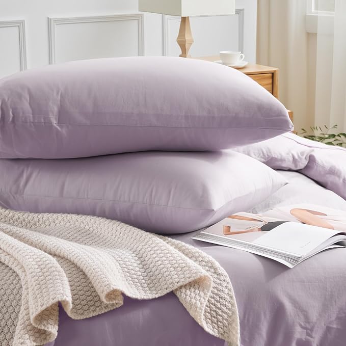NEXHOME PRO Duvet Cover Set 100% Washed Cotton Oversized Queen 98"x98", Organic Natural Linen Look Textured 3 Pieces Bedding Set Lavender Lilac with Zipper Closure, Breathable, Soft (No Comforter)