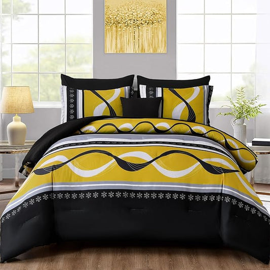 Anibedding Yellow Black Comforter Set Queen Size,8 Pieces Bed in a Bag Patchwork Striped Bedding Sets,Boho Soft Microfiber Bedding Set for All Season(90"×90")