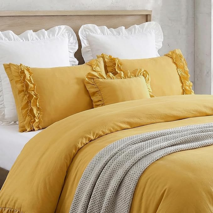 Bedorm Ginger Yellow Bedding Set Queen Ruffle Duvet Cover Super Soft Cozy Washed Microfiber Bedding Shabby Chic Coquette Decor Farmhouse Boho Duvet Cover Set