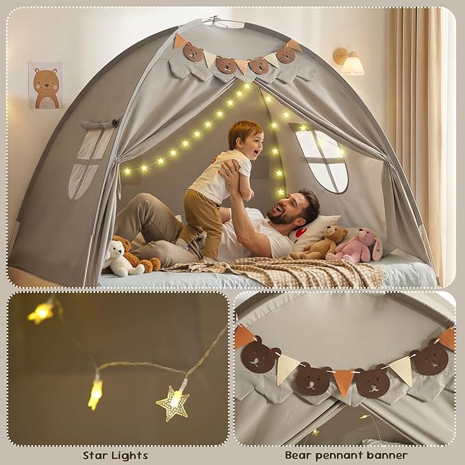 Full Bed Tent, Bunk Bed Tent Canopy with Stars Light & Flags, Breathable Sleeping Drafty, Privacy Space Dream Playhouse for Indoor Floor, Birthday Gifts, Grey