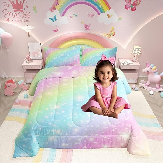 Erosebridal Rainbow Bedding Set for Kids Girls Teens Women Tie Dye Pastel Comforter Set Twin Size Golden Stars Glitter Bedding Comforter Set Watercolor Art Girly Quilt Set Sweet Bedroom Decor 2 Piece