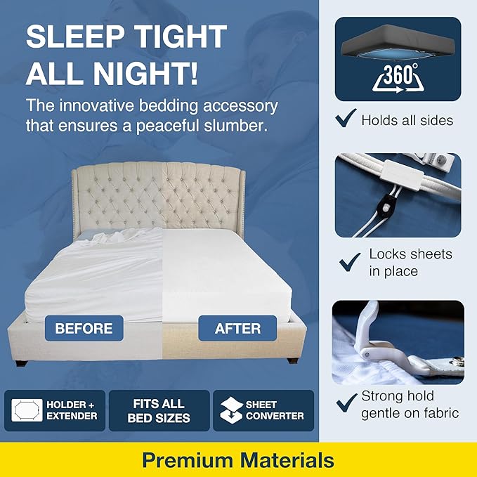 BED SCRUNCHIE Sheet Holder Straps (2 Pack) - Heavy Duty Gripper Clips - Strengthened Parachute Cord - 360 Degree Bed Sheet Tightener - Strongest and Effective Extender - Fits All Mattress Sizes