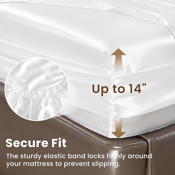 Love's cabin Satin Queen Sheets Set - 4 Piece White Silky Bed Sheets with Deep Pocket, Luxury Silk Feel Satin Queen Size Sheet Set (1 Flat Sheet,1 Fitted Sheet,2 Pillow Cases)