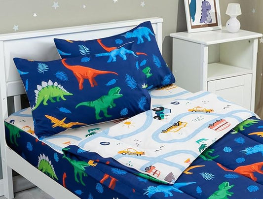 Meeting Story 3pcs Kids Comforter Sets Zipper Bedding Set for Boys,Twin Kid Bedding Set Dinosaur Leaves Comforter for Kid,All in one Zipper Bedding（Dark Blue,Twin）