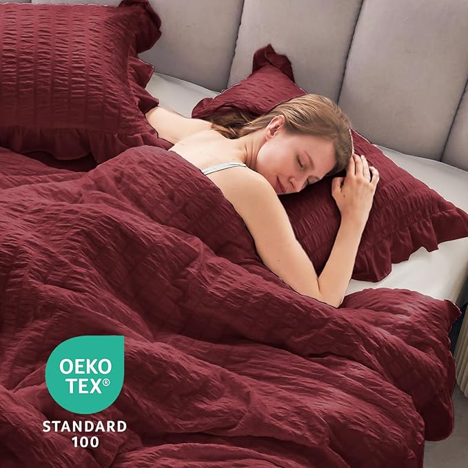 JOLLYVOGUE Full Size Comforter, 3 Pieces Burgundy Seersucker Lightweight Full Size Bedding, All Season Fluffy Microfiber Bedding Comforter Set with 1 Ruffle Comforter and 2 Ruffle Pillowshams