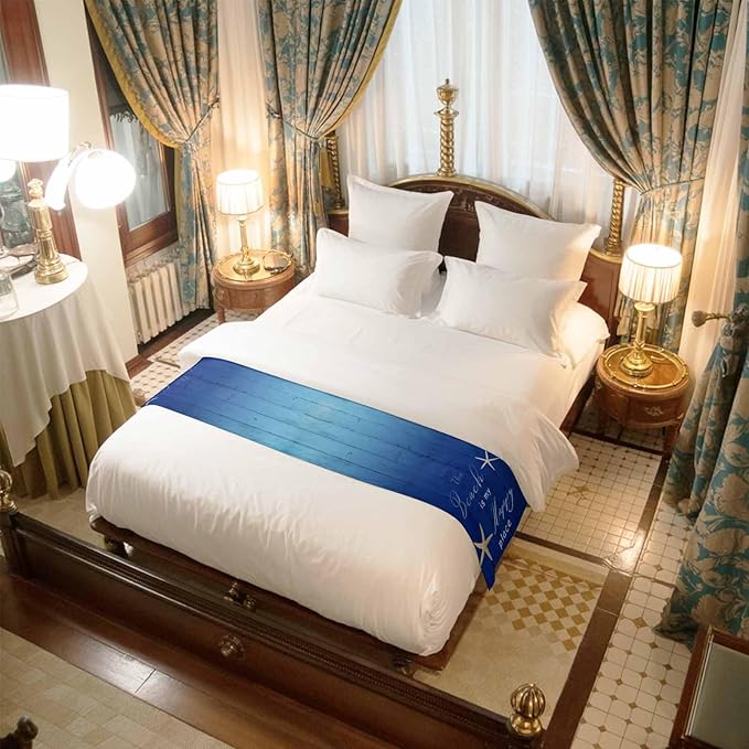 Happy Beach Place Marine Starfish Bed Runner for Bedroom Hotel, Decorative Bedding Scarf Gradient Blue Wood Grain End Blanket Runner for California King Size, 102x20in