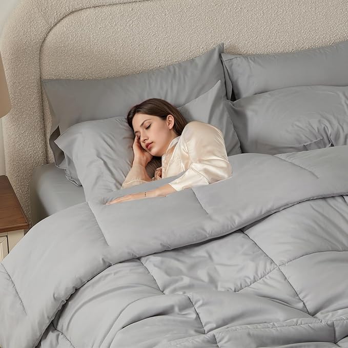Anluoer Twin Comforter Set 5 Piece, Light Grey Bed in a Bag with Comforters, Pillow Shams, Pillowcases, Flat Sheet, Fitted Sheet
