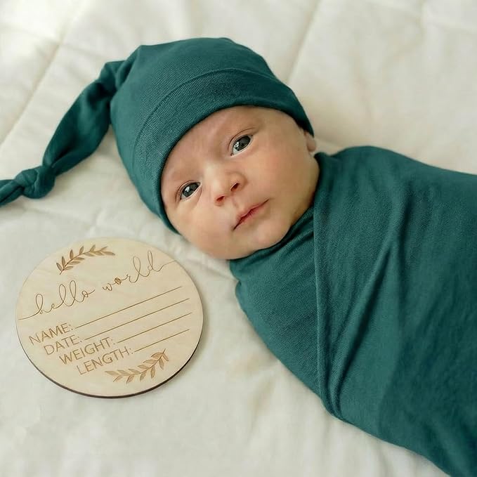 Large Jersey Knitted Swaddle Blanket for Baby, Soft Stretchy Receiving Blanket for Newborns with Hat, Baby Nursery Swaddle 47 x 47 inches(Peacock)