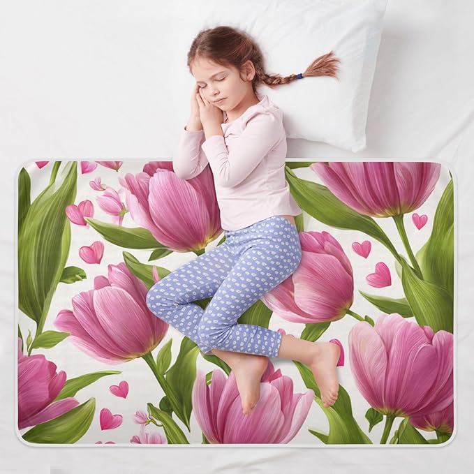 Waterproof Bed Pad Reusable Changing Pad Toddler Mattress Protector Large Pee Pad Baby Diaper Pad Soft Washable Liner Pink Fresh Tulips and Hearts