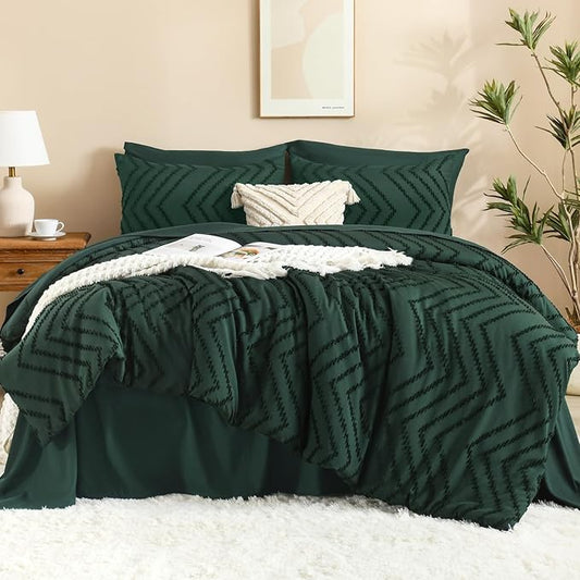 Litanika Super King Plus Size Comforter Set with Sheets Emerald Green - 7 Pieces Bed in a Bag Oversized King Boho Tufted Complete Bedding Sets with Comforter, Sheets, Pillowcases & Shams