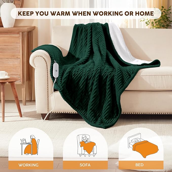 HYLEORY Heated Blanket Electric Twin, Soft Flannel Sherpa Heater 5 Heat Settings and 10 Hours Auto Shut-Off Heating Blanket ETL Certification Over-Heat Protection Machine Washable,Green