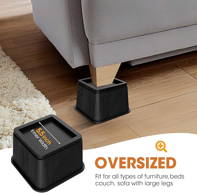 Bed Risers 5 Inch, Oversized Fit Up to 5.5" Legs, Heavy Duty Support 6000lbs, Stackable Bed Raising Blocks Furniture Sturdy Bed Lifts for College Dorm Rooms, Couches, Tables, Desks(4 Pack)