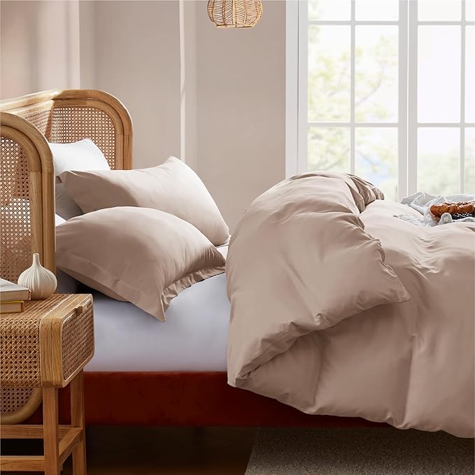 Nestl Full Duvet Cover Set with Comforter Insert - Khaki 4 Piece 80x90 Duvet Cover & 2 Pillow Shams with White Quilted Down Alternative Comforter, Ultra Soft, All Season