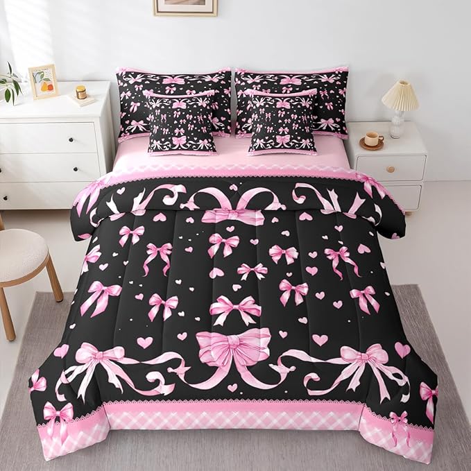 Feelyou Pink Bowknot Comforter Set Full Size 7 Pieces Dreamy Princess Bedding Set for Kids Boys Girls Cute Bow Bed in a Bag with Comforter, Sheets, Pillowcases, Cushion Covers Love Hearts Quilted