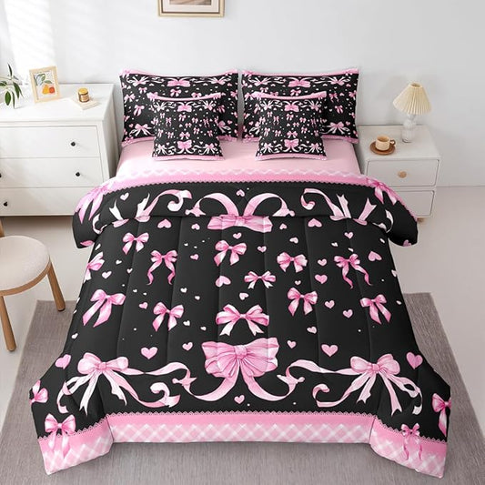 Feelyou Pink Bowknot Comforter Set Full Size 7 Pieces Dreamy Princess Bedding Set for Kids Boys Girls Cute Bow Bed in a Bag with Comforter, Sheets, Pillowcases, Cushion Covers Love Hearts Quilted
