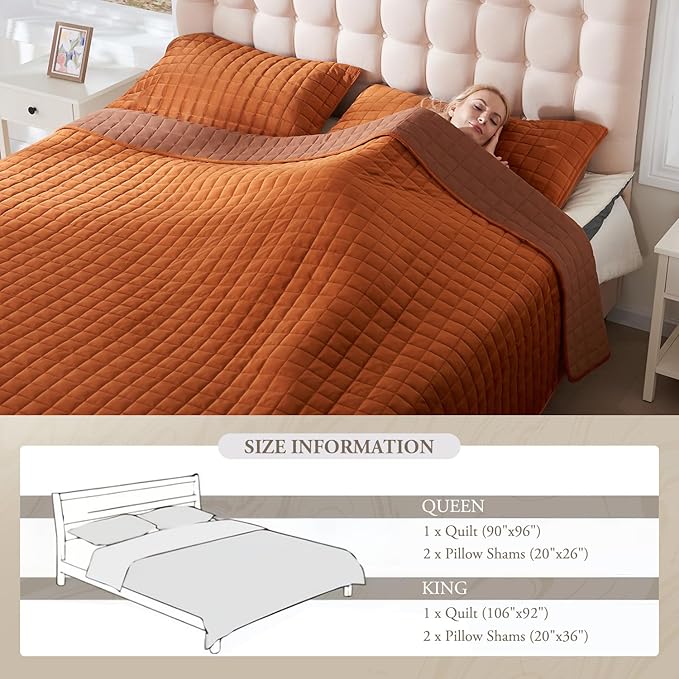 Luxury Velvet Quilt Set Queen Size, Comforter Set with Pillow Shams, Soft Lightweight Bedspread Coverlet Bedding Sets for All Seasons, Red Brown