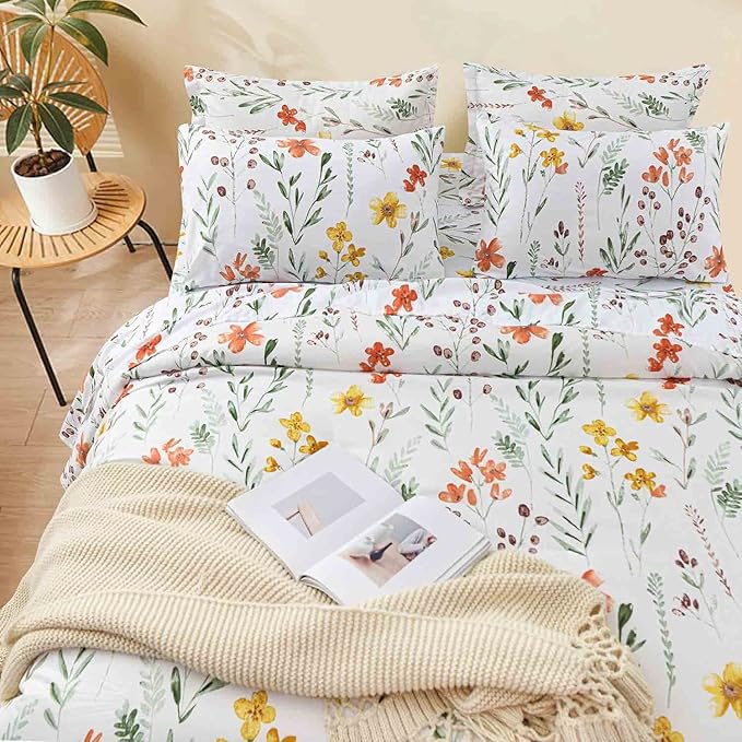 7 Pcs Queen Size Comforter Set with Sheets, White Yellow Floral, Green Leaf Pattern Print Reversible Down Alternative Bed Sets - 90x90 Soft Microfiber Duvet Farmhouse Bedding in a Bag for Women Men