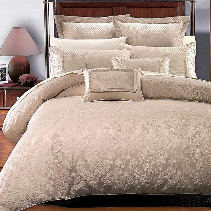 Royal Hotel Bedding Luxury 7 Piece Sara Jacquard Duvet Cover Set (Comforter Cover), Corner Ties with Duvet Cover and Button Closure, King/Cal King Size, Beige