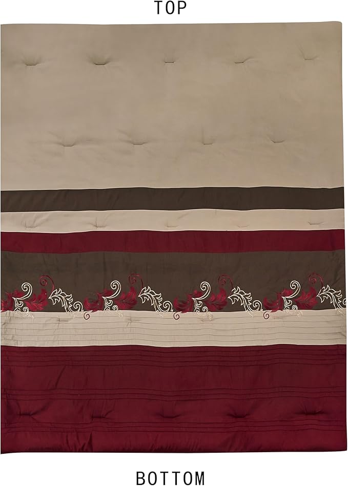 Chezmoi Collection Napa 7-Piece Luxury Leaves Scroll Embroidery Bedding Comforter Set (Oversized King, Burgundy/Taupe/Brown)