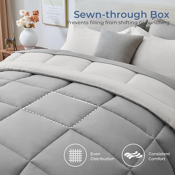 Sasttie Oversized Queen Comforter Set, 7 Pieces Reversible Bed in a Bag, Complete Bedding Set Includes 98''x98'' Comforter, Flat Sheet, Fitted Sheet, Pillowcases and Pillow Shams, Ivory & Light Grey