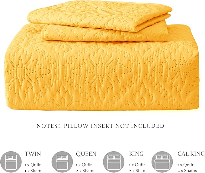 Exclusivo Mezcla Twin Quilt Bedding Set, Lightweight Soft Bedspreads Coverlets with 1 Pillow Sham, Modern Bright Yellow Quilts Twin XL Size for All Seasons