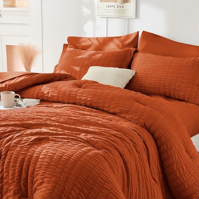 HYMOKEGE Burnt Orange Duvet Cover Queen Size, Ultra Soft 3-Piece Seersucker Duvet Cover Set with Zipper Closure, Soft Brushed Microfiber Bedding Set with 8 Corner Ties (90"x90", 2 Pillowshams)