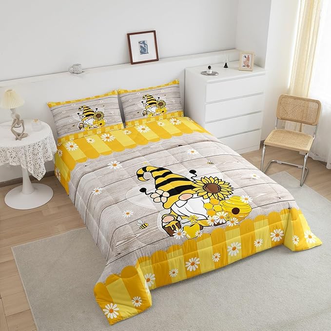 Erosebridal Bee Gnome Comforter Set King, Sunflower Daisy Floral Bedding Set for Kids Boys Girls, Honeycomb Honey Can Duvet Set Home Room Decor, Yellow Farm Cartoon Soft Down Comforter 3 Pcs