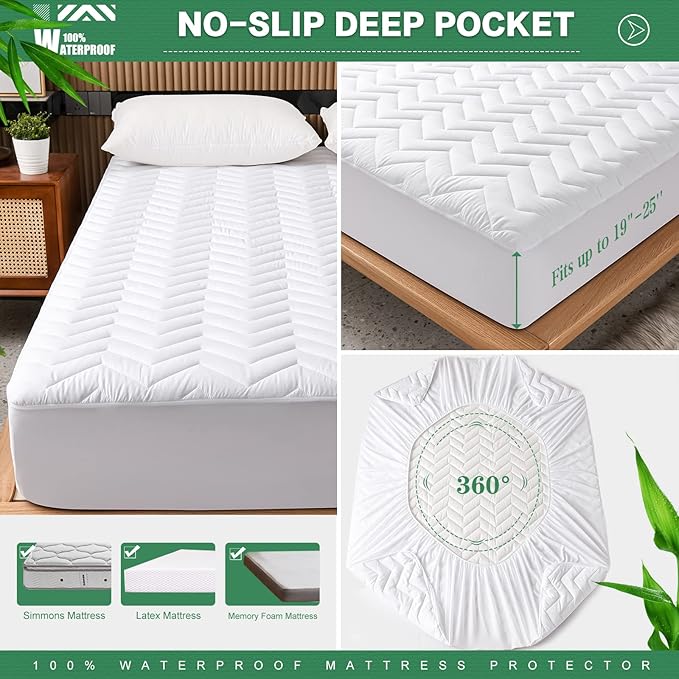 Unilibra Full Size Waterproof Mattress Pad Rayon Made from Bamboo, Quilted Breathable Mattress Protector, 6''-19'' Deep Pocket Fitted Mattress Cover White