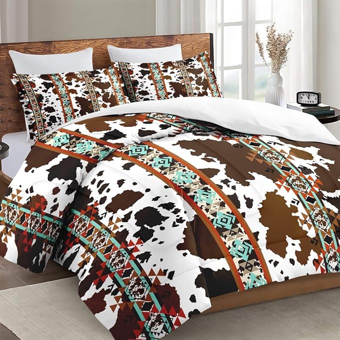 Full Size Comforter Set with 2 Pillowcases, Animal Vintage Retro Soft 3 Pcs Bedding for Kids and Adults, Cow Brown Cowhide Comforter Set for Bedroom Bed Decor