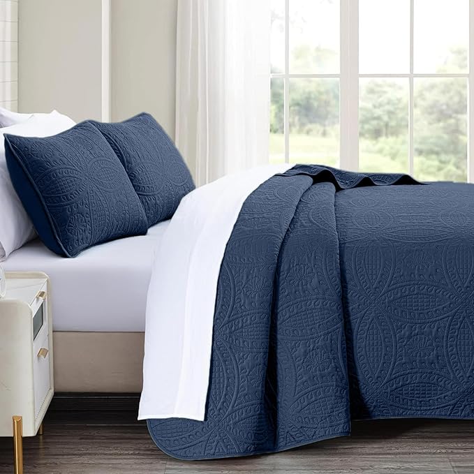 akkialla Navy Twin Quilt Set, Ultrasonic Lightweight Bedspread Coverlet for Modern Minimalist Bedroom, Soft Microfiber Coin Pattern Bedding, 2-Piece (1 Quilt, 1 Pillow Sham) | Breathable fabric