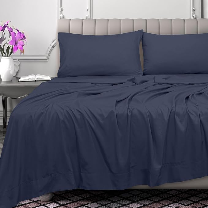 Royale Linens 300 Thread Count 100% Long Staple Combed Cotton Flat Sheet - Super Soft - Top Sheets - California King Flat Sheet Sold Separately - Breathable, Cool & Crisp Sheets Only (Cal King, Navy)