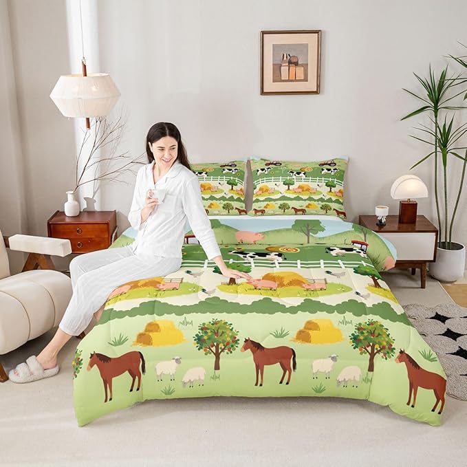 Feelyou Kids Cartoon Farm Animals Comforter Set Girls Boys Cute Pig Cow All Season Down Comforter Kawaii Horse Chicken Duck Bedding Set Room Decor Funny Farm Nursery Quilt Twin Size 2Pcs Boys