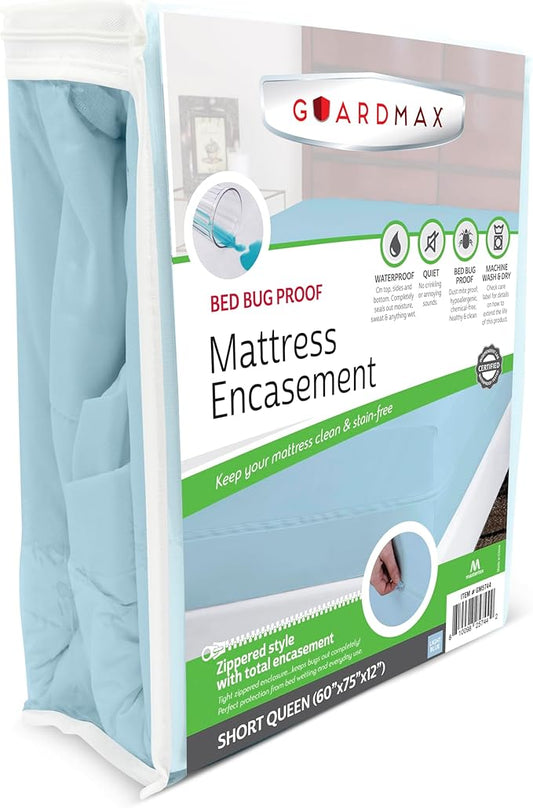 Guardmax Jersey Knitted Short Queen Zippered Mattress Encasement - Waterproof & Bed Bug Proof Mattress Protector - Comfortable, Soft, and Noiseless Zippered Bedding - Dust Mite Proof (60 x 75 x 12)