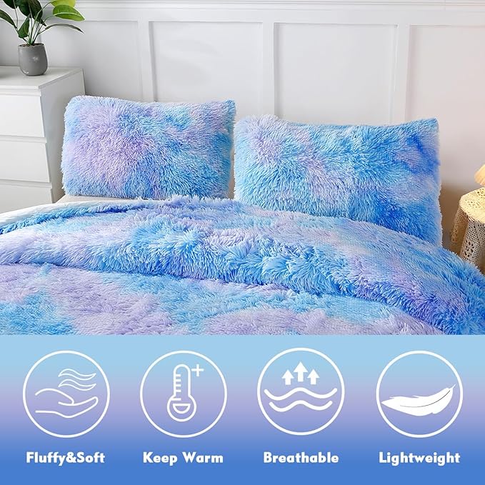 PERFEMET 3 Pcs Blue Plush Shaggy Comforter Queen Size Tie Dye Long Faux Fur Rainbow Bedding Set for Girls Ultra Soft Warm Fluffy Furry Bed Sets(Blue, Queen)