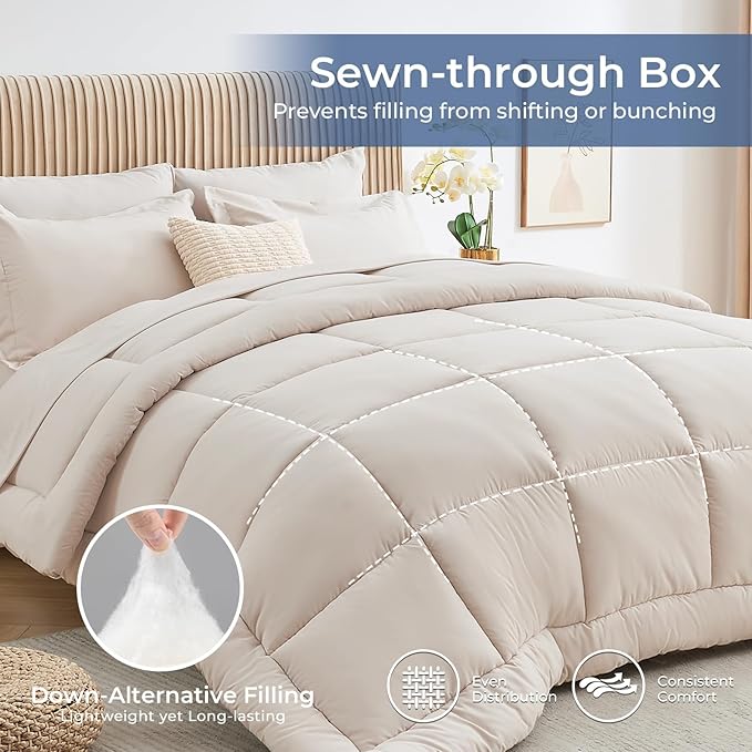 Sasttie King Size Comforter Set, 7 Pieces Bed in a Bag King, Complete Bedding Set Includes Comforter, Flat Sheet, Fitted Sheet, Pillowcases and Pillow Shams, Beige