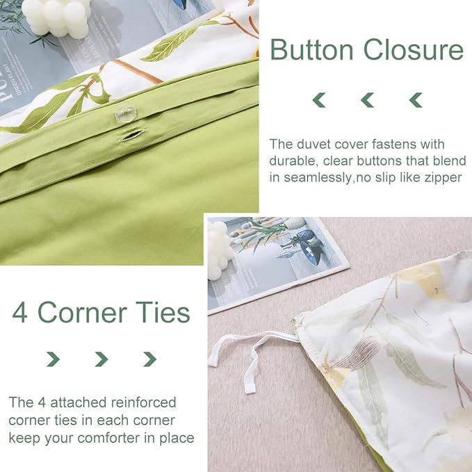 URBONUR Birds Duvet Cover Set Twin Size, 100% Cotton Cute Bird Comforter Fall Leaf Printed Bedding Set for Kids Children, Breathable Duvet Cover Sets Bedding 3 Pc