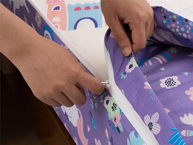 NTBED Unicorn Printed Zipper Bedding Sets Twin Lightweight Microfiber Floral Comforter Sets with Fitted Sheet Pillow Covers,Purple