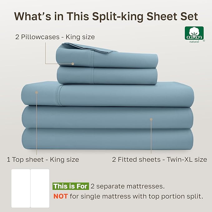 California Design Den Split King Sheets Sets for Adjustable Bed - Soft 400 Thread Count Sateen, Natural 100% Cotton Sheets with Deep Pockets, Breathable, and Durable Bedding Set - Sky Blue