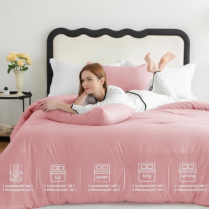 CozyLux Full Size Comforter Set Pink, 3 Pieces Solid Breathable Quilted Style Bedding Sets, Luxury Soft Bed Set with Down Alternative Comforter for All Season (1 Comforter & 2 Pillowcases)