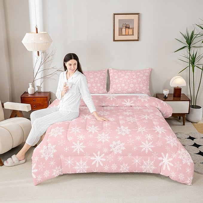 Erosebridal Pink Christmas Comforter Set Full Size Girly Romantic Snowflake Duvet Insert Princess Winter Quilt Girls Modern Style Bedding Set Bedroom Decor Pink Floral Bedding Set & 2 Pillowcases