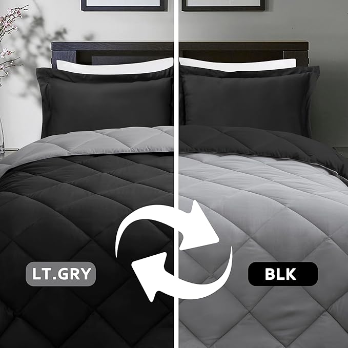 HIG 3pc Black King Size Comforter Set -All Season Reversible Down Alternative Comforter with Two Shams -Quilted Duvet Insert with Corner Tabs - Diamond Stitched Blanket - Breathable, Soft, Fluffy