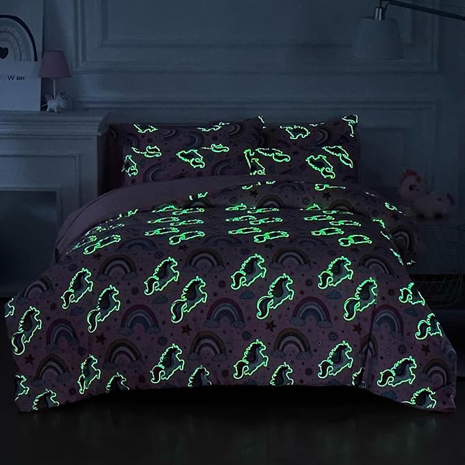 Glow in The Dark Kids Comforter Set, 5 Pieces Pink Unicorn Bedding Set Twin Size for Boys Girls Teen, 1 Comforter, 1 Pillowcase, 1 Pillow Sham,1 Flat Sheet, 1 Fitted Sheet