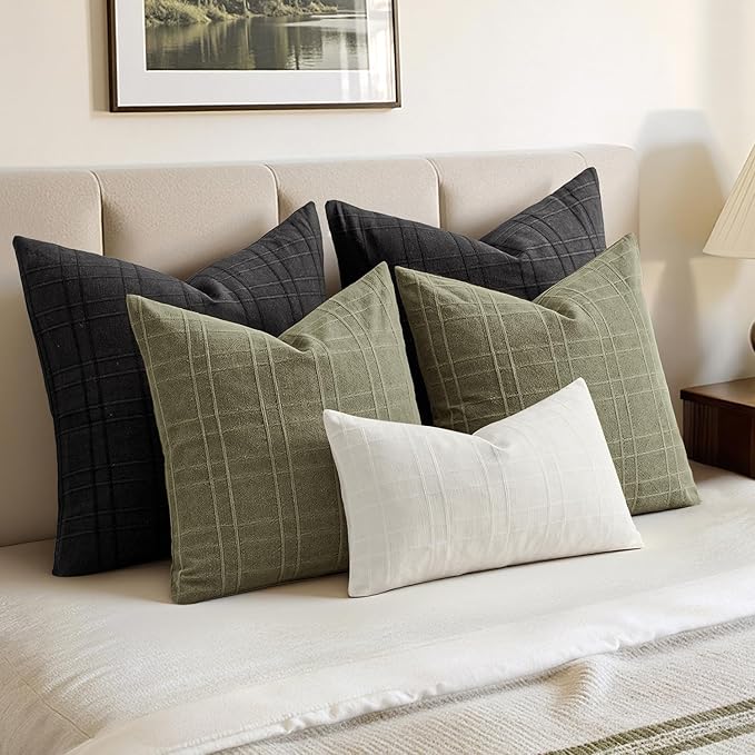 MIULEE Decorative Linen Check Throw Pillow Covers Neutral Farmhouse Vintage Spring Pillow Covers 20x20 Set of 2 Boho Modern Home Decor for Sofa Couch Bedroom Cushion Sage Green